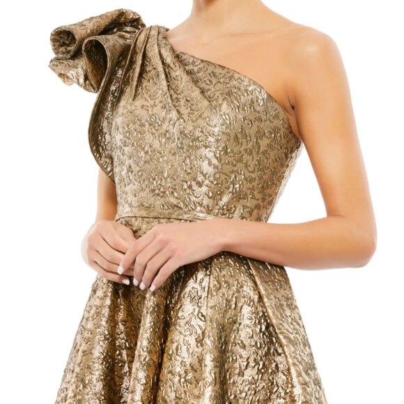 MAC DUGGAL 67906 ONE SHOULDER BOW MIDI ANTIQUE BRONZE METALLIC BROCADE DRESS 2 - Picture 4 of 5